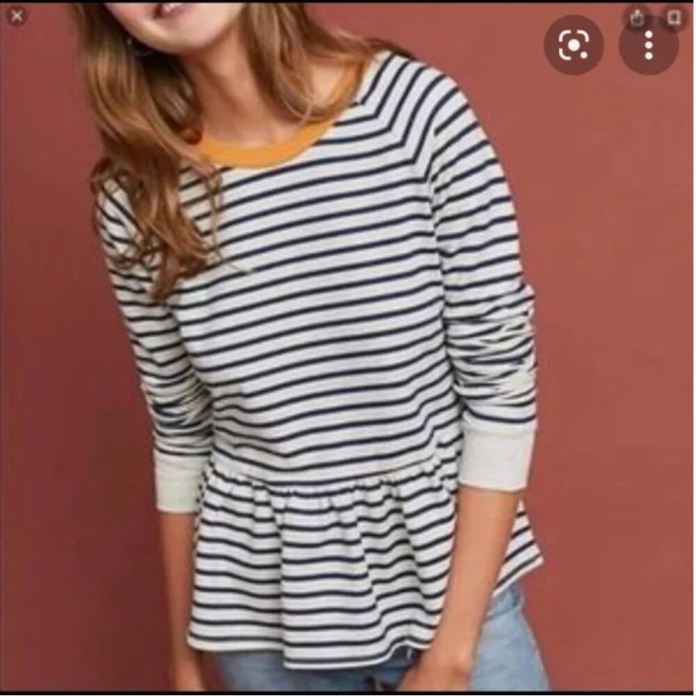 💙 💛Anthropologie T.LA Navy & Cream Striped Peplum Sweatshirt | Mustard Detail